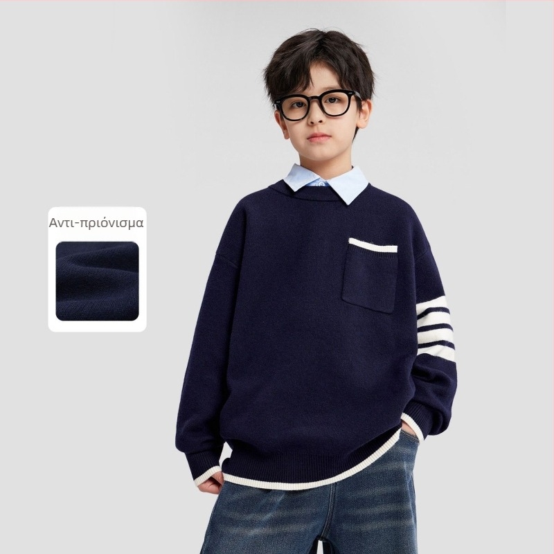 Παιδικό πλεκτό πουλόβερ με ρίγες, μακριά μανίκια, στρογγυλός λαιμός, βασικό ύφασμα 77% πολυεστέρας, κορεατικό στυλ