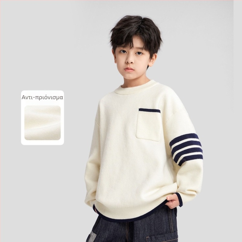 Παιδικό πλεκτό πουλόβερ με ρίγες, μακριά μανίκια, στρογγυλός λαιμός, βασικό ύφασμα 77% πολυεστέρας, κορεατικό στυλ