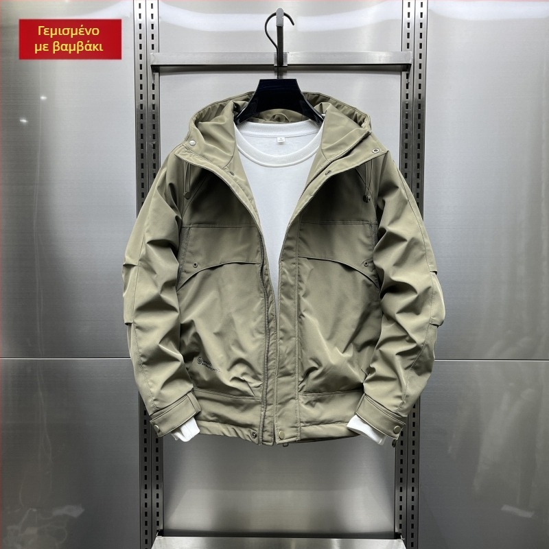 Ανδρικό μπουφάν με κουκούλα, επένδυση από βαμβάκι, φαρδιά γραμμή, με φερμουάρ