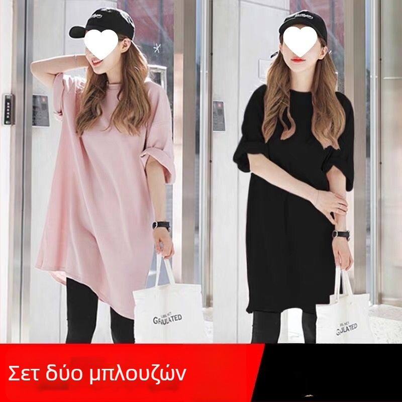 Γυναικείο T-shirt με μεσαίο μήκος από 100% βαμβάκι, χαλαρή γραμμή, κοντό μανίκι, κάλυψη γλουτών με πλευρικό σκίσιμο (μεγάλο μέγεθος)