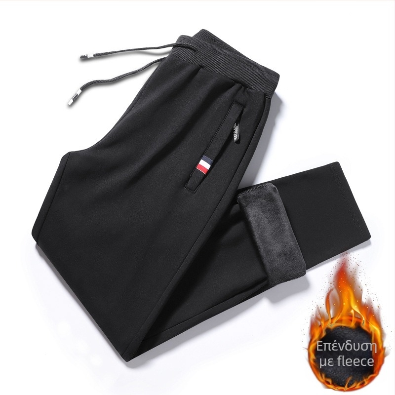 Ανδρικοί καθημερινοί παντελόνες με φλίς επένδυση, ίσια γραμμή, φερμουάρ, κυρίως νάιλον με ανάμειξη χημικών ίνών, ριγέ μοτίβο