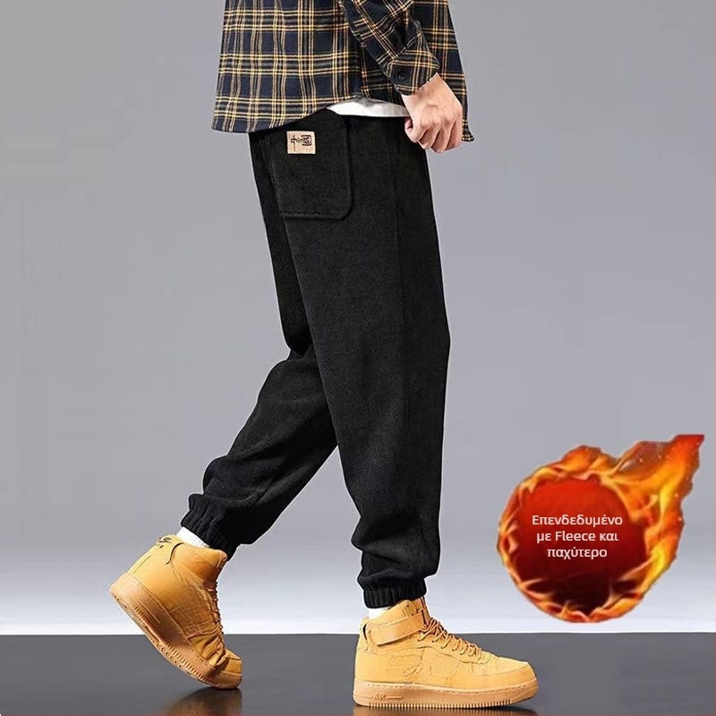 Ανδρικά παντελόνια με παχύτερη επένδυση φλίς και βελούδινο ύφασμα Cupro ινών, ίσια γραμμή, μήκος 9/10, μικροελαστικότητα