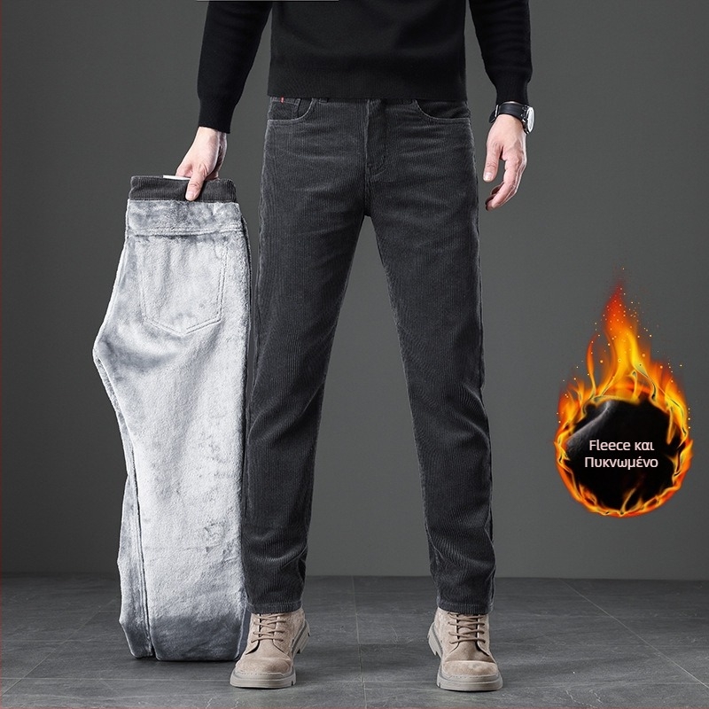 Corduroy ανδρικά παντελόνια με fleece επένδυση, ίσια γραμμή, μέση ζώνη, ριγέ μοτίβο, βαμβακερό ύφασμα, μοντέλο MZL6009, φθινόπωρο 2025