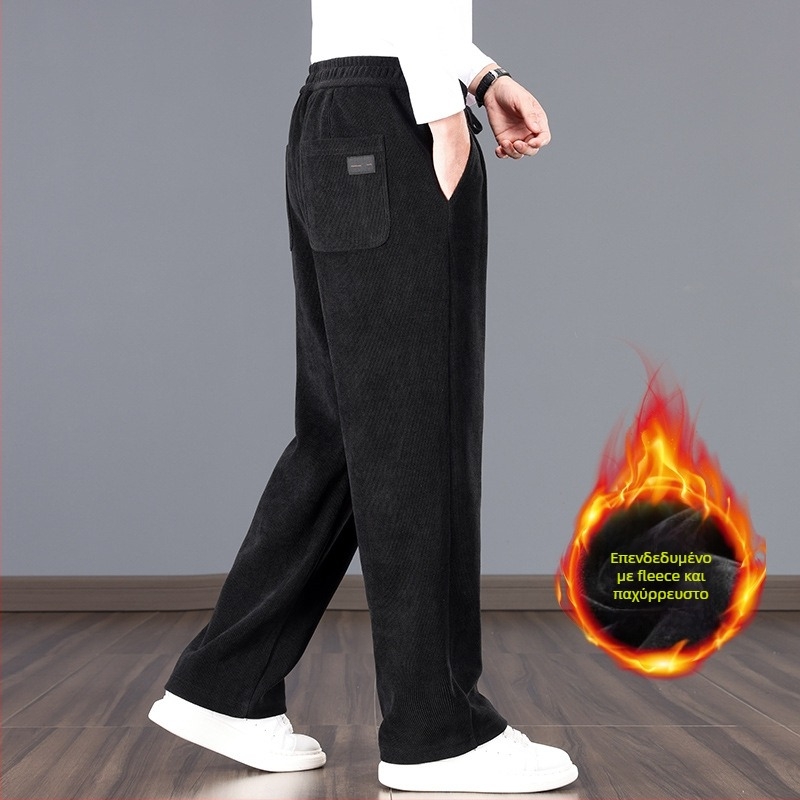 Ανδρικά παντελόνια φαρδιά γραμμή για φθινόπωρο-χειμώνα, chenille ύφασμα, με ζώνη, στυλ Χονγκ Κονγκ