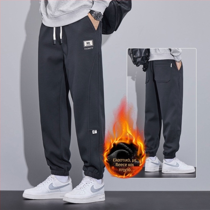 Άνδρικά καθημερινά παντελόνια, φαρδιά γραμμή, μεσαία μέση, φλις επένδυση, πολυεστερικό ύφασμα (Χειμώνας 2025)