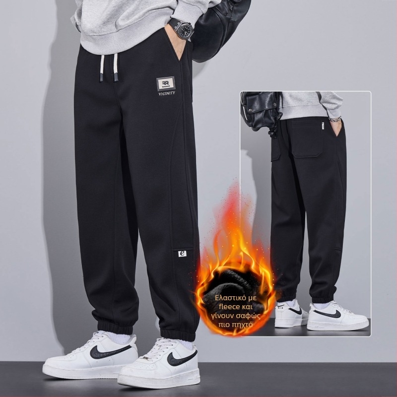 Άνδρικά καθημερινά παντελόνια, φαρδιά γραμμή, μεσαία μέση, φλις επένδυση, πολυεστερικό ύφασμα (Χειμώνας 2025)