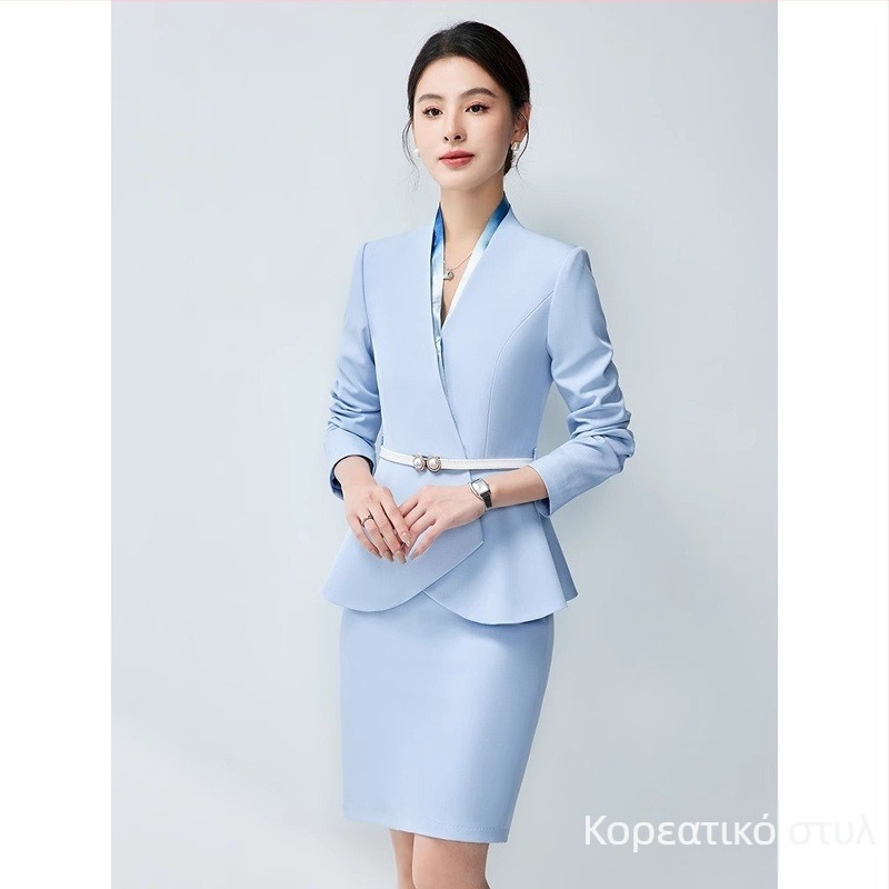 Γυναικείο επαγγελματικό κοστούμι γραφείου από δύο τεμάχια, φθινοπωρινό 2024, ύφασμα πολυεστέρα, 90–95% ινές πολυεστέρα, φούστα μεσαίου μήκους, μακριά μανίκια