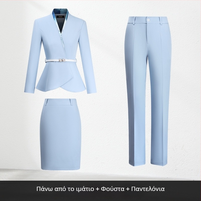 Γυναικείο επαγγελματικό κοστούμι γραφείου από δύο τεμάχια, φθινοπωρινό 2024, ύφασμα πολυεστέρα, 90–95% ινές πολυεστέρα, φούστα μεσαίου μήκους, μακριά μανίκια