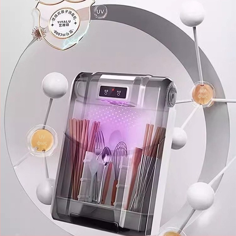 Τοίχο-εγκατεστημένος δοχείο αποστείρωσης για ξυλάκια φαγητού με θήκη στέγνωσης (Υλικό: PP; Εγκατάσταση: στον τοίχο; Λειτουργίες: αποστείρωση και στέγνωμα; Προστασία από σκόνη)