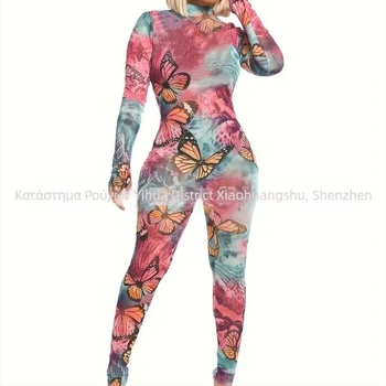 Ολόσωμο με μακριά μανίκια, 3D εκτύπωση, στυλ street-hipster, ύφασμα γάλα-σίλκ πολυεστέρας, εφαρμοστό παντελόνι