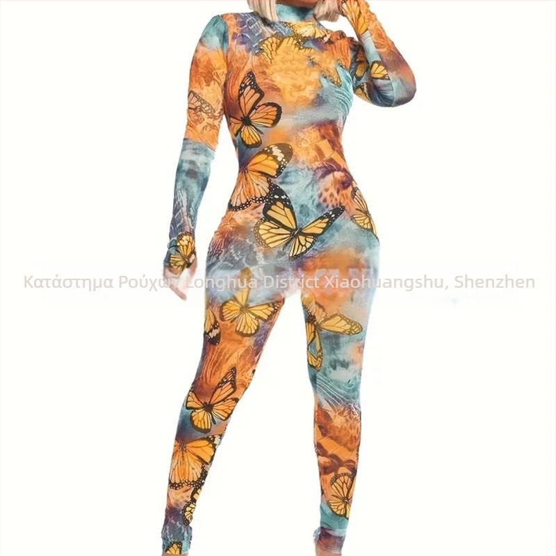 Ολόσωμο με μακριά μανίκια, 3D εκτύπωση, στυλ street-hipster, ύφασμα γάλα-σίλκ πολυεστέρας, εφαρμοστό παντελόνι