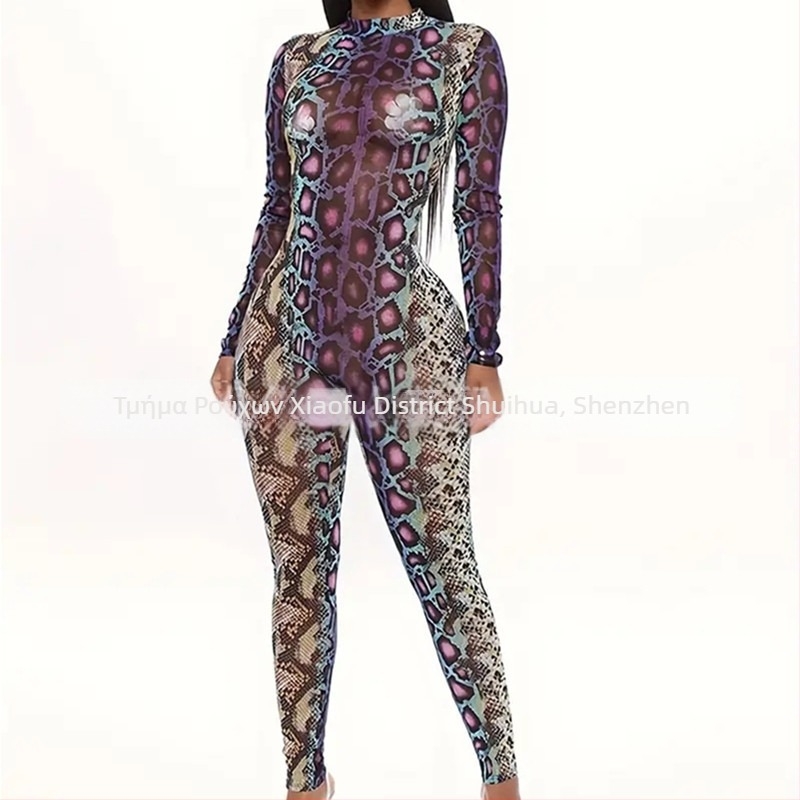 Ολόσωμο με μακριά μανίκια, 3D εκτύπωση, στυλ street-hipster, ύφασμα γάλα-σίλκ πολυεστέρας, εφαρμοστό παντελόνι