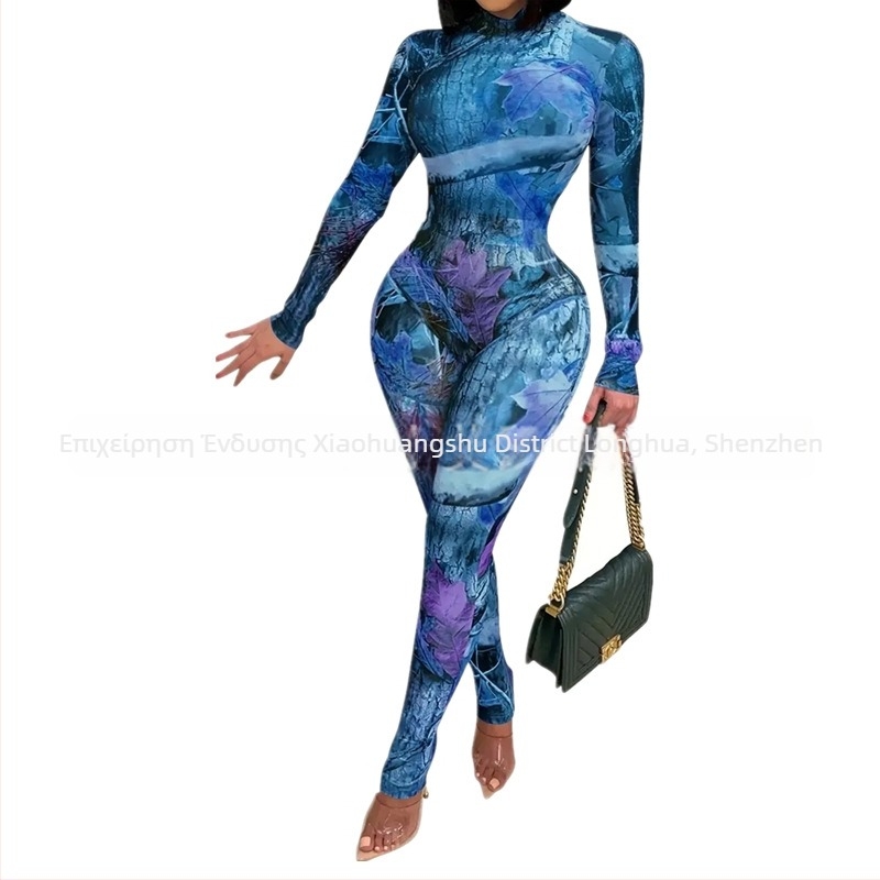 Ολόσωμο με μακριά μανίκια, 3D εκτύπωση, στυλ street-hipster, ύφασμα γάλα-σίλκ πολυεστέρας, εφαρμοστό παντελόνι