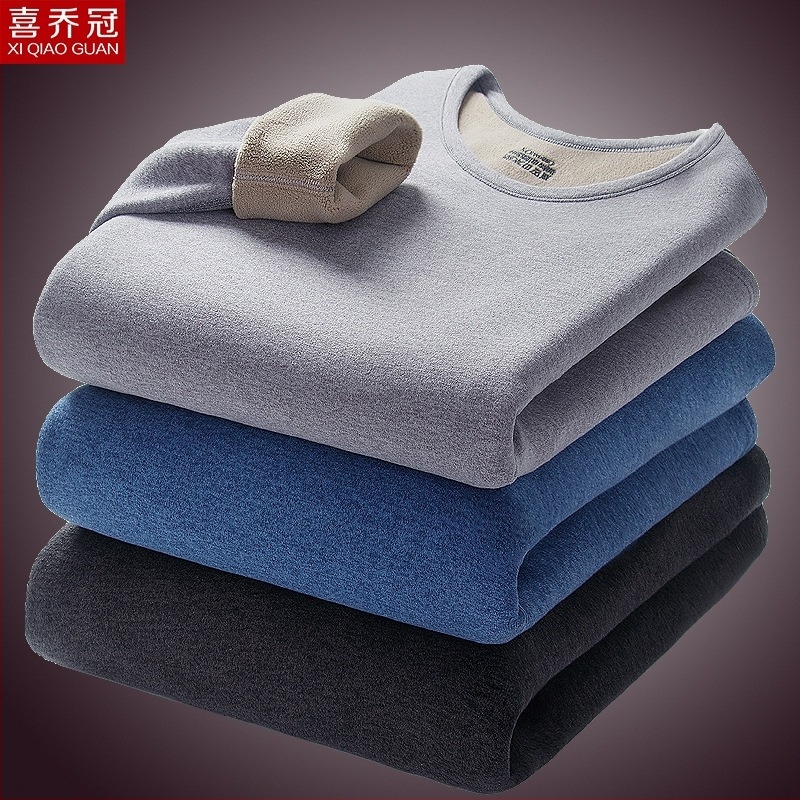 Ανδρικό θερμικό σετ εσωρούχων με φλίς επένδυση, παχιά διπλής στρώσης μπλούζα με λαιμόκοψη crew και μακριά παντελόνια, πολυεστέρας 90–95%