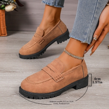 Γυναικείοι loafers χωρίς κορδόνια, με σουέτ επάνω, στρογγυλή μύτη, παχύ τακούνι, καουτσούκ σόλα