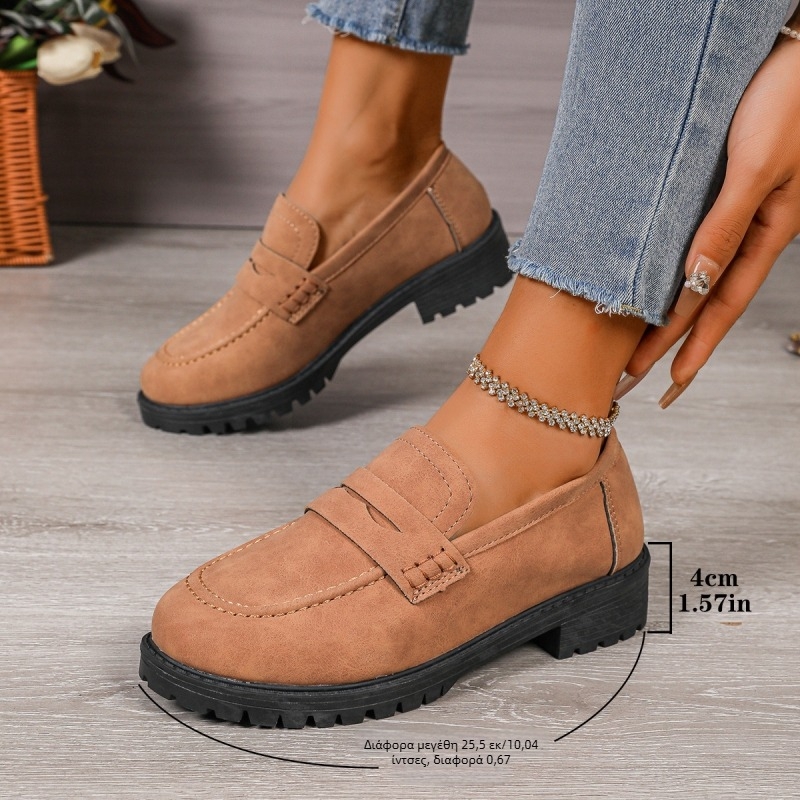 Γυναικείοι loafers χωρίς κορδόνια, με σουέτ επάνω, στρογγυλή μύτη, παχύ τακούνι, καουτσούκ σόλα