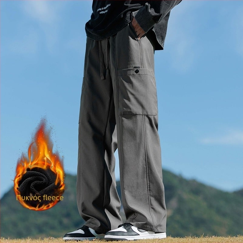 Ανδρικά cargo παντελόνια με επένδυση φλίς, ίσια γραμμή, μέση μεσαία, νεανικό στυλ