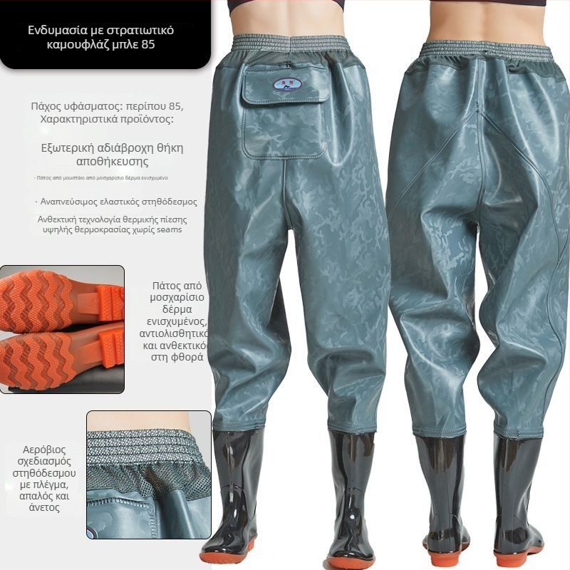 Παντελόνια ψαρέματος PVC μέσης μήκους με 1 τσέπη και ενσωματωμένα αδιάβροχα μποτάκια, ανθεκτικό πλεκτό ύφασμα, πάχος 0,55–0,85 mm