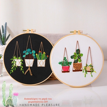 Σετ υλών DIY κεντήματος με φυτικά σχέδια, ευρωπαϊκού στυλ, κρεμαστό καλάθι με κάκτους και φυτά