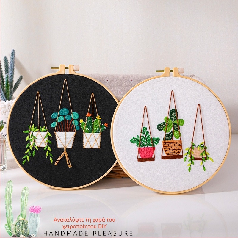 Σετ υλών DIY κεντήματος με φυτικά σχέδια, ευρωπαϊκού στυλ, κρεμαστό καλάθι με κάκτους και φυτά