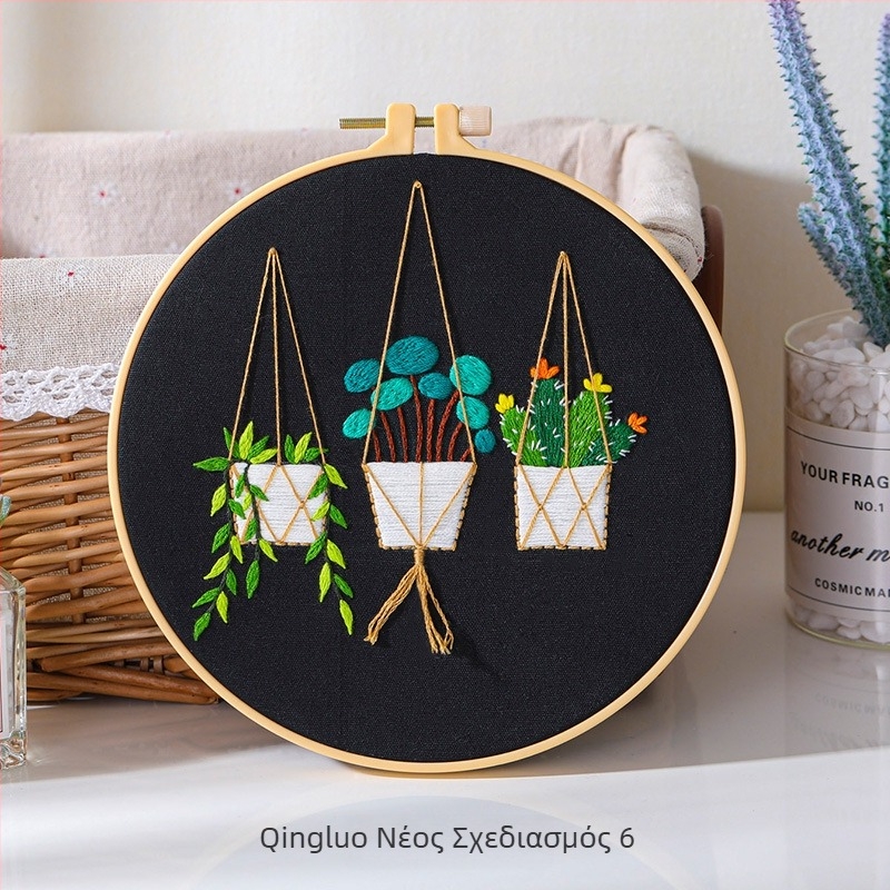 Σετ υλών DIY κεντήματος με φυτικά σχέδια, ευρωπαϊκού στυλ, κρεμαστό καλάθι με κάκτους και φυτά