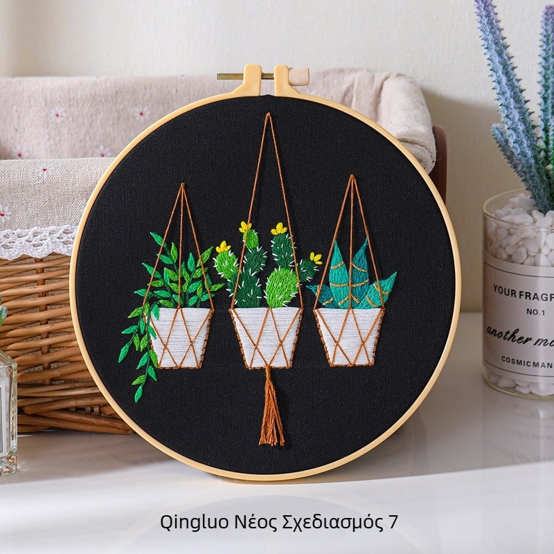 Σετ υλών DIY κεντήματος με φυτικά σχέδια, ευρωπαϊκού στυλ, κρεμαστό καλάθι με κάκτους και φυτά