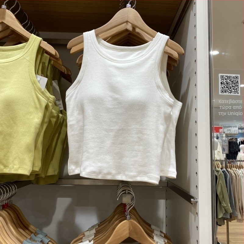Βαμβακερή T‑shirt χωρίς μανίκια, στρογγυλή λαιμόκοψη, στενή γραμμή, κοντό μήκος, καλοκαίρι 2024