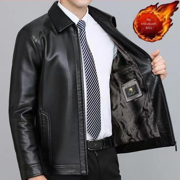 Ανδρικό PU δερμάτινο μπουφάν, με ψηλό γιακά, χαλαρή εφαρμογή, fleece επένδυση
