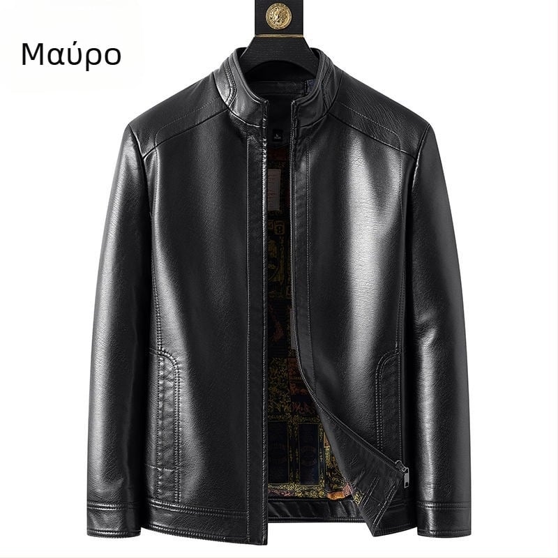 Ανδρικό PU δερμάτινο μπουφάν, με ψηλό γιακά, χαλαρή εφαρμογή, fleece επένδυση
