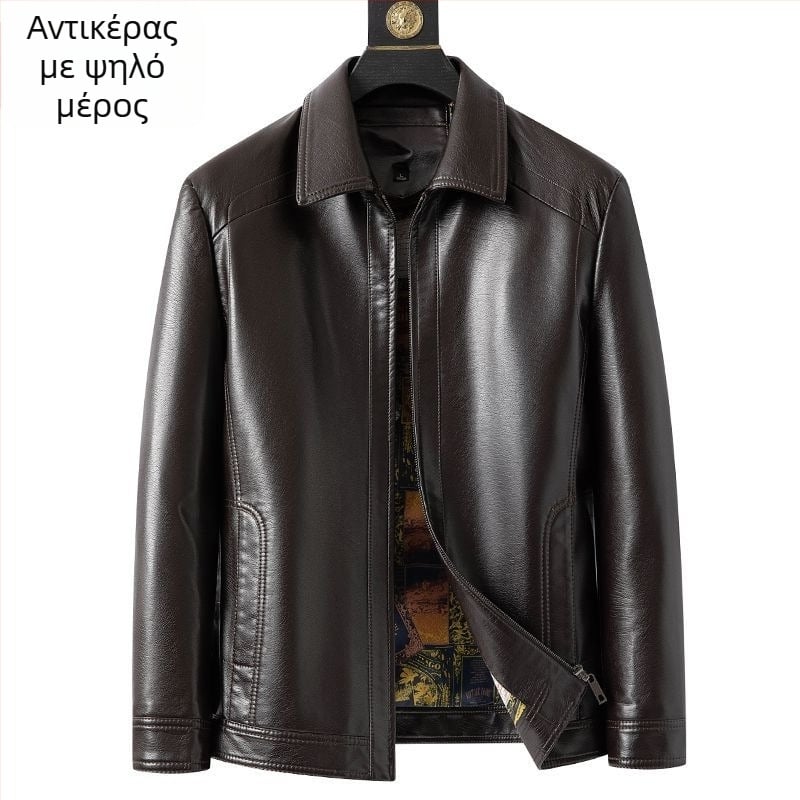 Ανδρικό PU δερμάτινο μπουφάν, με ψηλό γιακά, χαλαρή εφαρμογή, fleece επένδυση