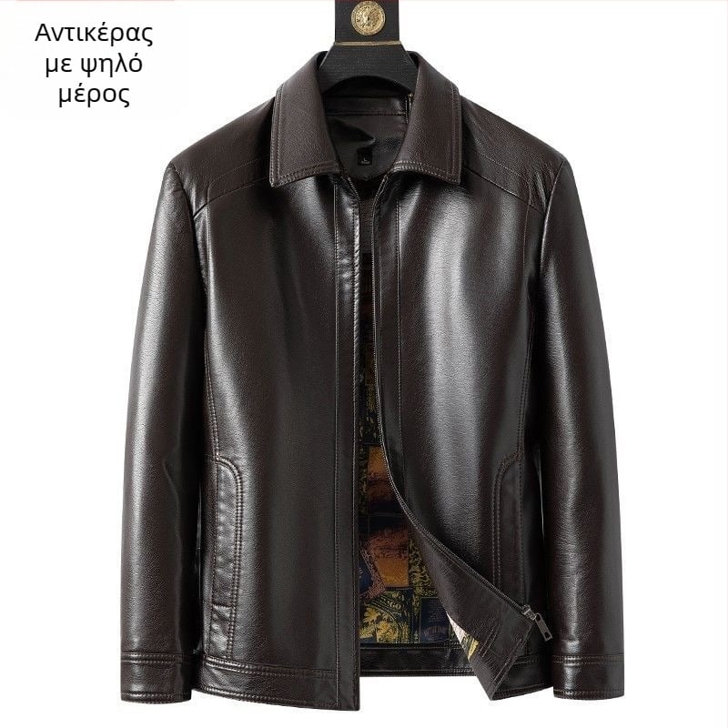 Ανδρικό PU δερμάτινο μπουφάν, με ψηλό γιακά, χαλαρή εφαρμογή, fleece επένδυση