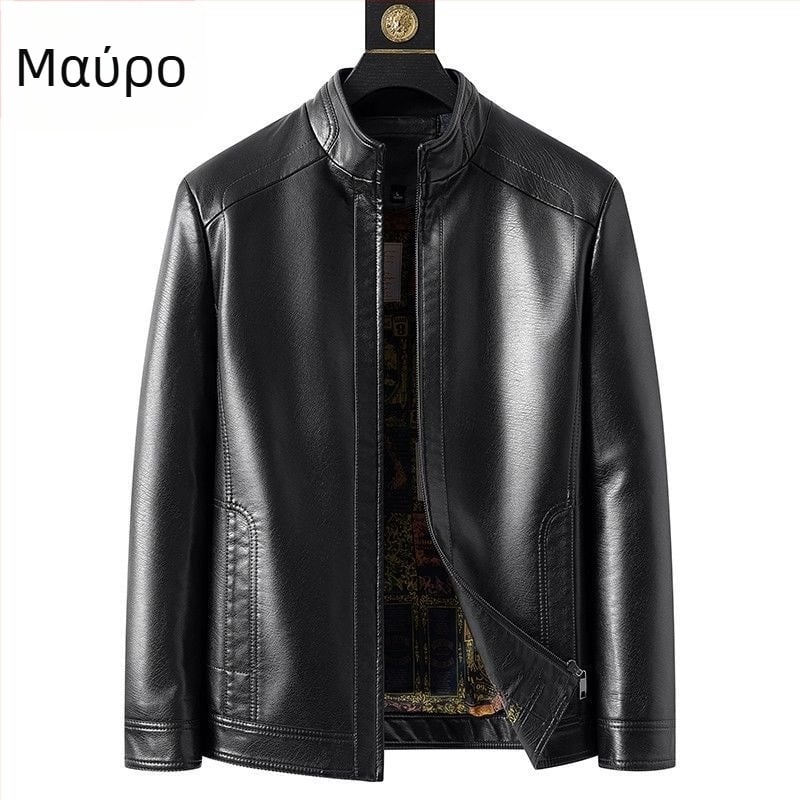 Ανδρικό PU δερμάτινο μπουφάν, με ψηλό γιακά, χαλαρή εφαρμογή, fleece επένδυση