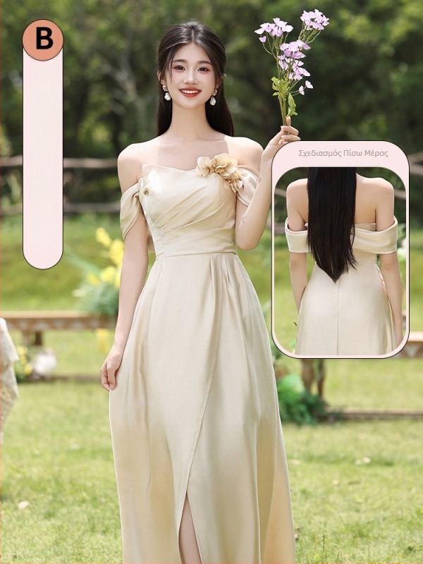 Φόρεμα παρανυφάδας σε φρέσκια και γλυκιά γραμμή, χωρίς μανίκια, μεσαία μέση, μαρκερισμένο πολυεστερικό ύφασμα