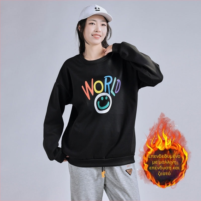 Γυναικείο πουλόβερ με επένδυση φλίς, στρογγυλός λαιμός, χαλαρή γραμμή, μακριά μανίκια, πολυεστέρας για φθινοπωρινό-χειμερινό