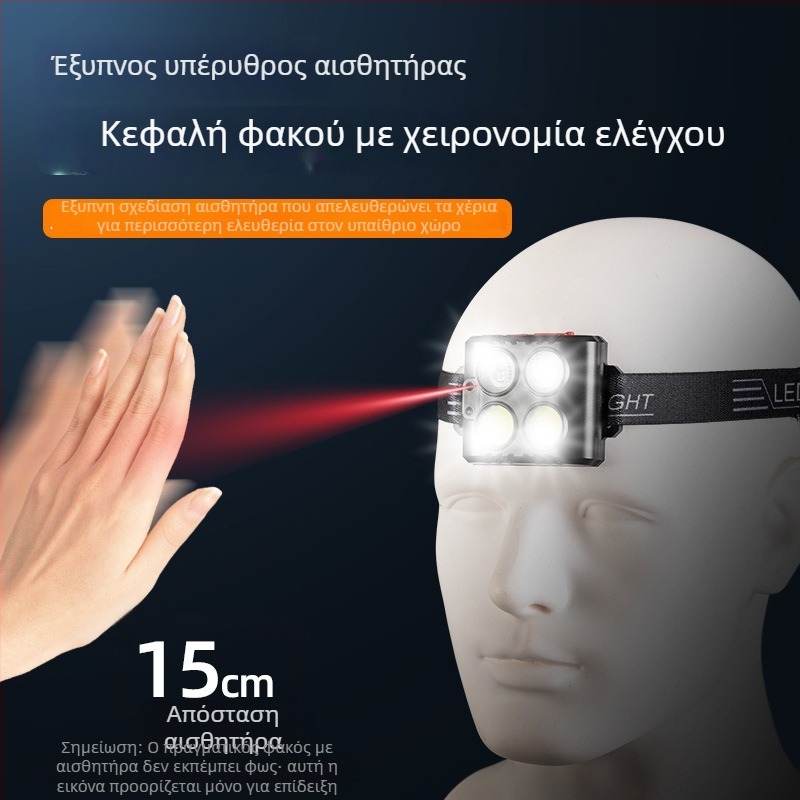 Φακός κεφαλής COB LED, USB επαναφορτιζόμενος, για υπαίθρια αθλήματα, δέσμη 50 μ., αυτονομία 3–6 ωρών, ελαστικό λουρί κεφαλής