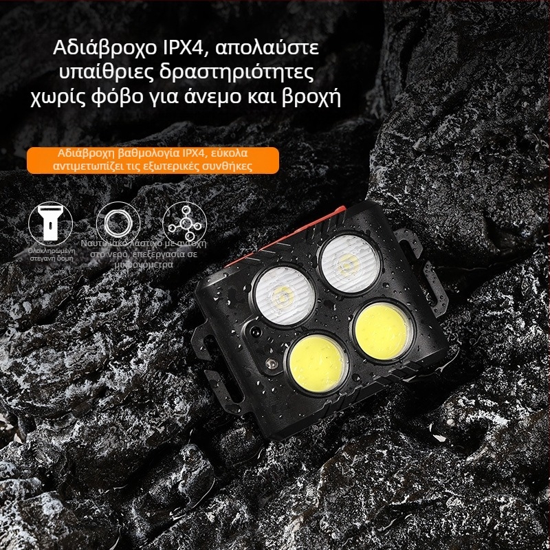 Φακός κεφαλής COB LED, USB επαναφορτιζόμενος, για υπαίθρια αθλήματα, δέσμη 50 μ., αυτονομία 3–6 ωρών, ελαστικό λουρί κεφαλής