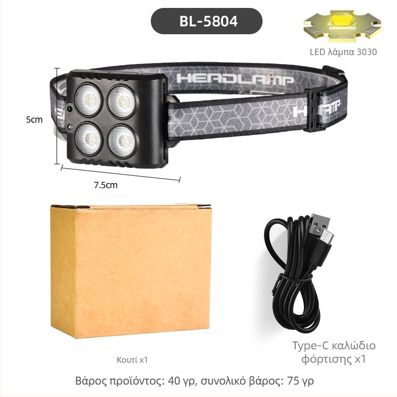 Φακός κεφαλής COB LED, USB επαναφορτιζόμενος, για υπαίθρια αθλήματα, δέσμη 50 μ., αυτονομία 3–6 ωρών, ελαστικό λουρί κεφαλής