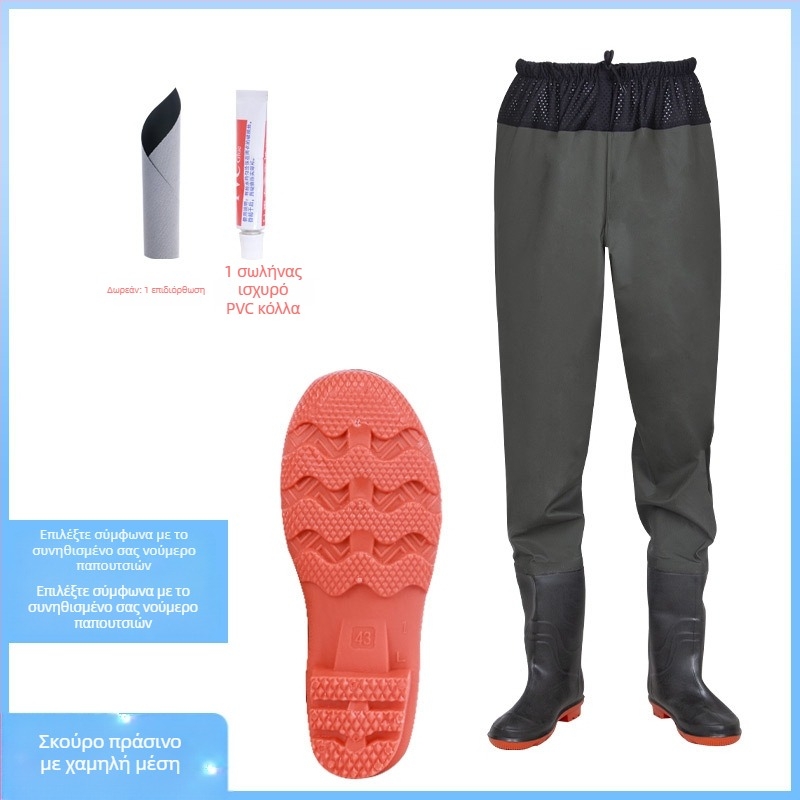 Unisex PVC αδιάβροχο σετ ψαρέματος με παντελόνια βροχής и παπούτσια νερού — ανθεκτικό στη φθορά, αντιστατικό, αντοχή σε οξέα και αλκάλια, ύφασμα PVC