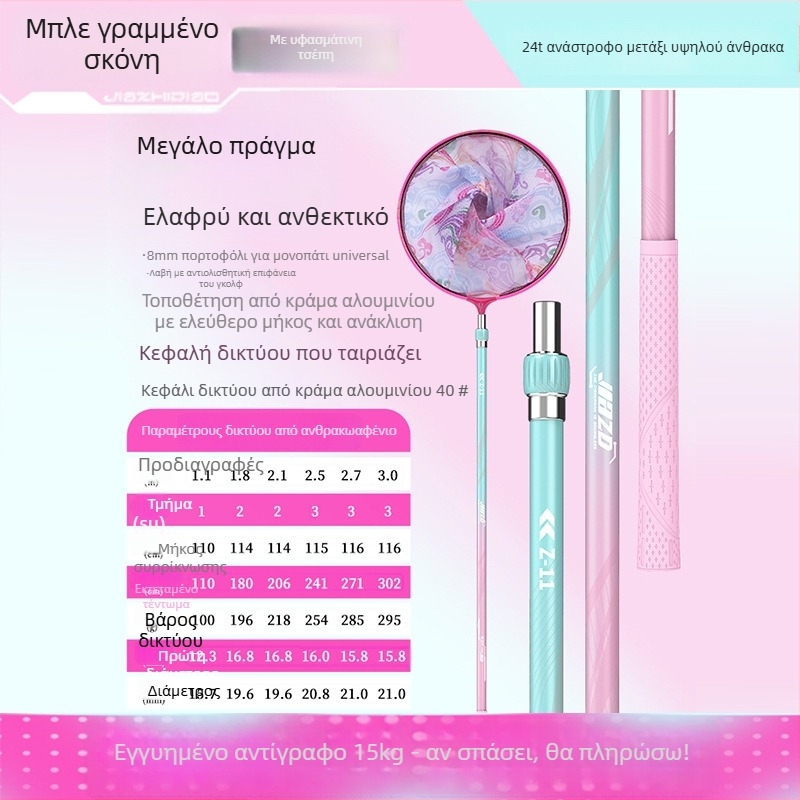 Καρβονική ράβδος αλιείας με δίχτυ – τηλεσκοπική ράβδος και κεφαλή διχτυού, πλήρες σετ, λεπτό πλέγμα