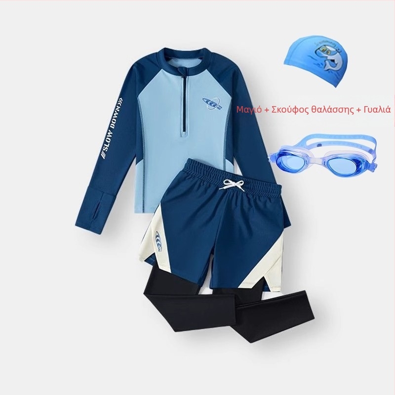 Σετ δύο τεμαχίων μαγιό για αγόρια με μακριά μανίκια και παντελόνια, προστασία από τον ήλιο — πολυεστέρας 85%, επένδυση πολυεστέρα 85%, βάρος 150–300 g/m², για κολύμβηση