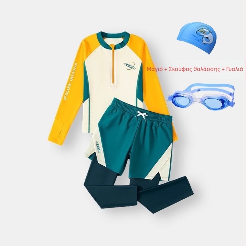 Σετ δύο τεμαχίων μαγιό για αγόρια με μακριά μανίκια και παντελόνια, προστασία από τον ήλιο — πολυεστέρας 85%, επένδυση πολυεστέρα 85%, βάρος 150–300 g/m², για κολύμβηση