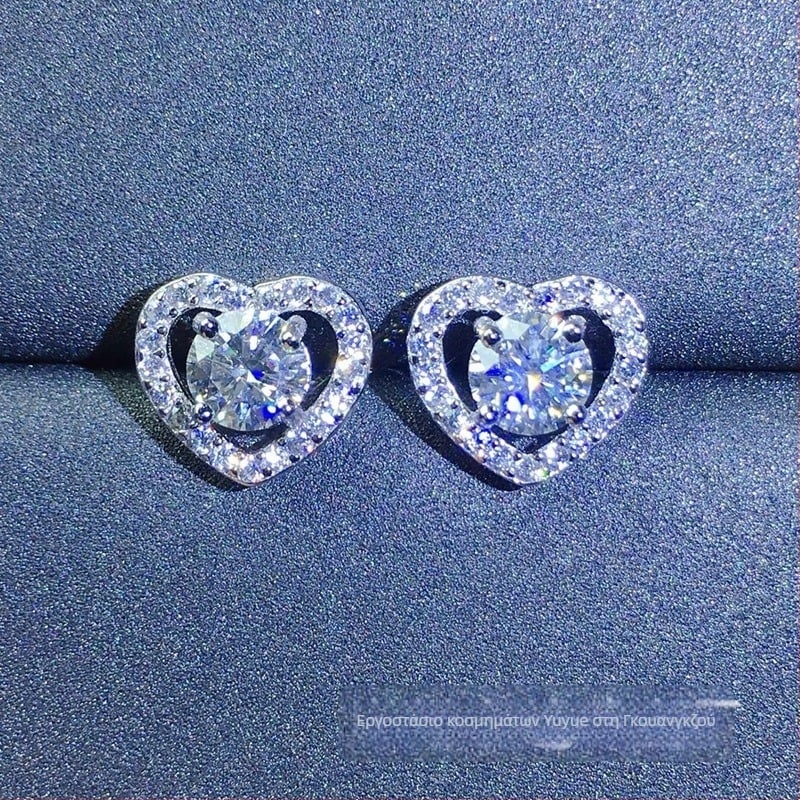 Moissanite Stud σκουλαρίκια, Ασήμι S925 σε επίστρωση, Στρογγυλός σχήματος, Eight Hearts and Eight Arrows Κοπή, Unisex