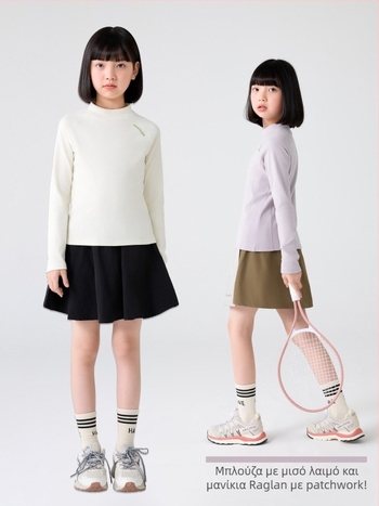 Κοριτσίστικη βασική μπλούζα με μισουψηλό γιακά, ραγκλάν μακριά μανίκια, ριγέ σχέδιο, 92% πολυεστέρας, βελούδινη απαλή υφή