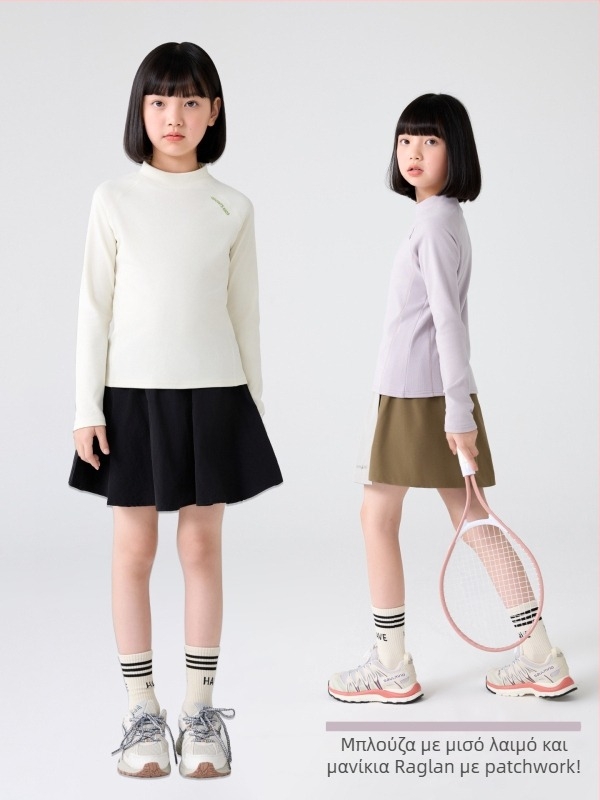 Κοριτσίστικη βασική μπλούζα με μισουψηλό γιακά, ραγκλάν μακριά μανίκια, ριγέ σχέδιο, 92% πολυεστέρας, βελούδινη απαλή υφή