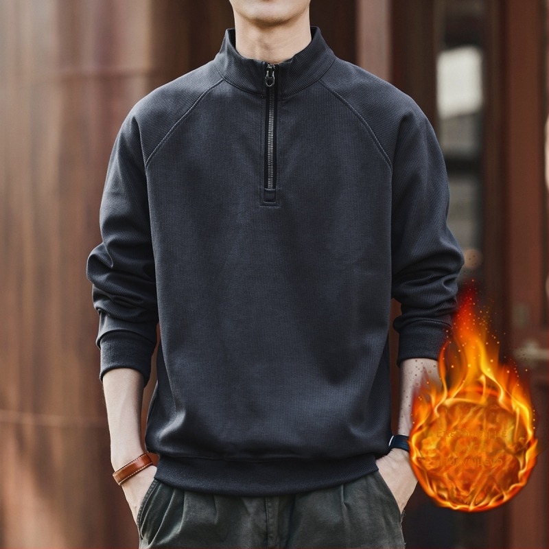 Πουλόβερ φλίς με ψηλό γιακά και μισό φερμουάρ, χειμερινό, χαλαρή γραμμή, μακριά μανίκια, μείγμα πολυεστέρα 65% βαμβάκι 35%, χωρίς επένδυση, μονόχρωμο