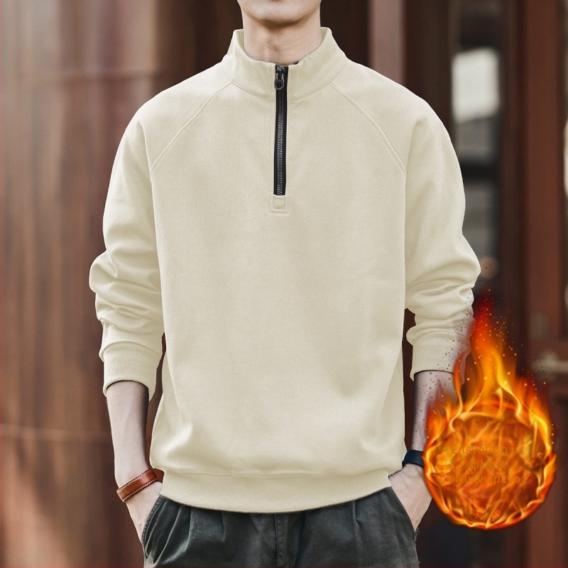 Πουλόβερ φλίς με ψηλό γιακά και μισό φερμουάρ, χειμερινό, χαλαρή γραμμή, μακριά μανίκια, μείγμα πολυεστέρα 65% βαμβάκι 35%, χωρίς επένδυση, μονόχρωμο