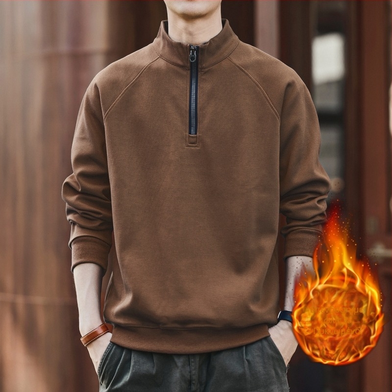 Πουλόβερ φλίς με ψηλό γιακά και μισό φερμουάρ, χειμερινό, χαλαρή γραμμή, μακριά μανίκια, μείγμα πολυεστέρα 65% βαμβάκι 35%, χωρίς επένδυση, μονόχρωμο