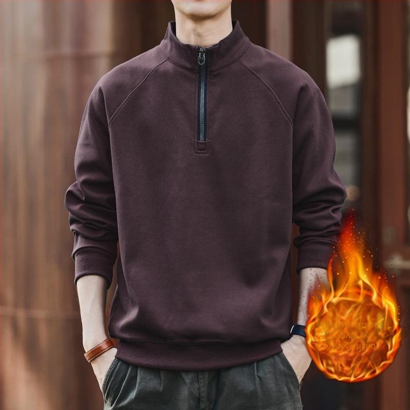 Πουλόβερ φλίς με ψηλό γιακά και μισό φερμουάρ, χειμερινό, χαλαρή γραμμή, μακριά μανίκια, μείγμα πολυεστέρα 65% βαμβάκι 35%, χωρίς επένδυση, μονόχρωμο