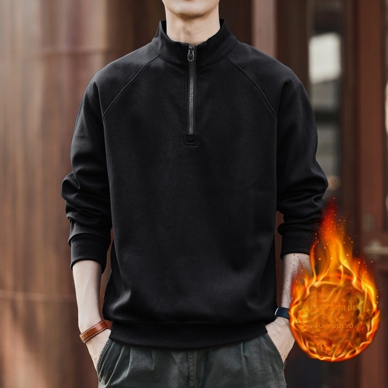 Πουλόβερ φλίς με ψηλό γιακά και μισό φερμουάρ, χειμερινό, χαλαρή γραμμή, μακριά μανίκια, μείγμα πολυεστέρα 65% βαμβάκι 35%, χωρίς επένδυση, μονόχρωμο