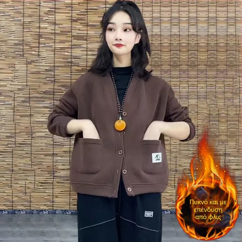 Γυναικείο φλις με επένδυση, καρντάγκαν-σουίτσερντ, μονόχρωμο, χαλαρή γραμμή, μακριά μανίκια, polo γιακά, κούμπωμα με ένα κουμπί, σπανάξ κάτω από 30%